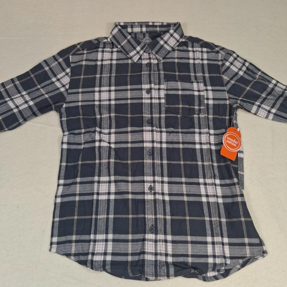 Wonder Nation Flannel Top Boys Size L 10-12 Slate Grey Plaid Button Down Shirt